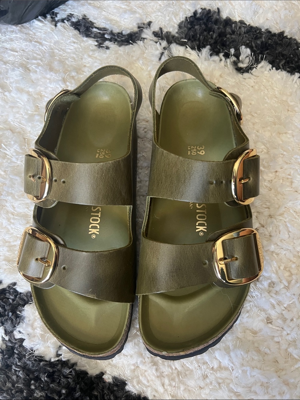 Birkenstock Olive Green Two-Strap Sandals with Gold Buckles